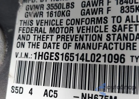 2004 Honda Civic Lx из США, поврежденный, VIN 1HGES16514L021096